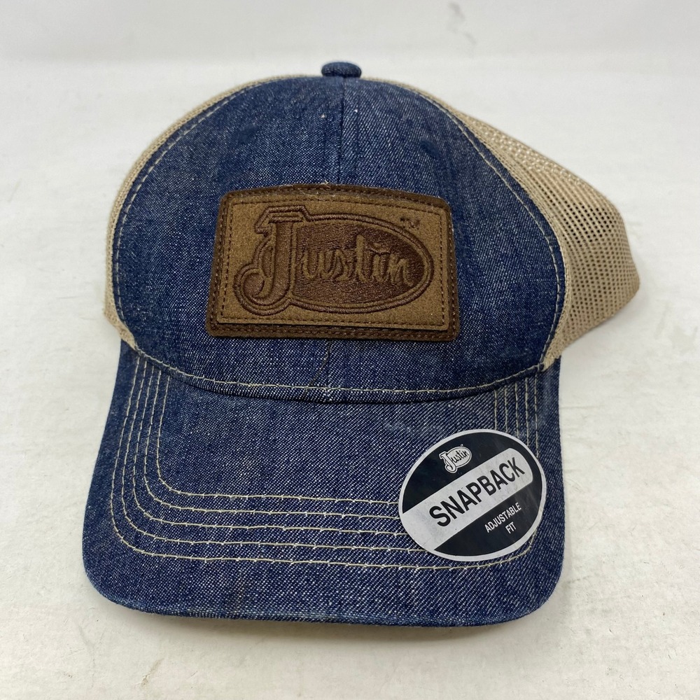 Justin Boots Mens Denim Trucker Hat Blue Tan Mesh Snapback Milano Hat Company